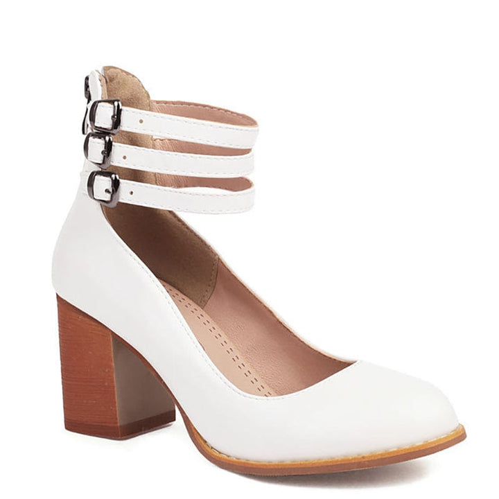 Kallie white buckle ankle heels with two strap bands and block heel