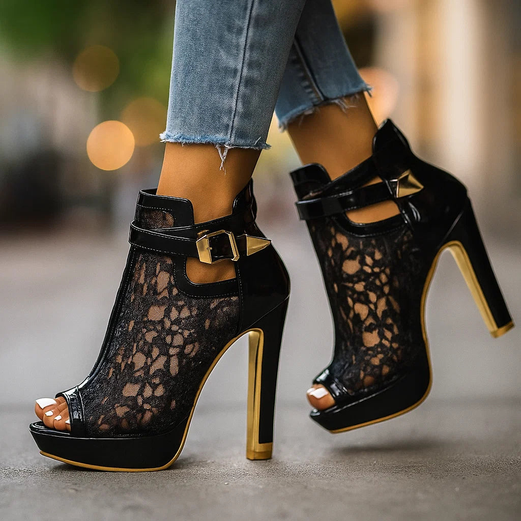 Black lace peep-toe platform heels with wide ankle strap and stiletto heel