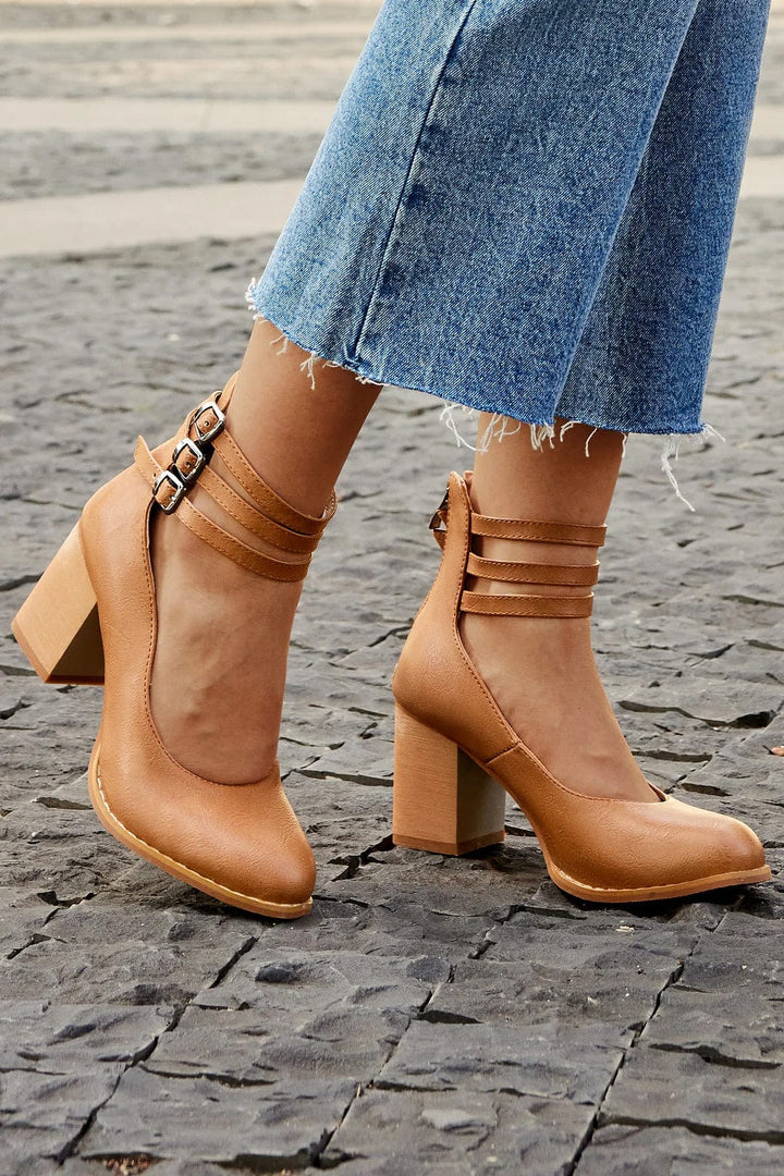 Tan triple-buckle ankle strap heels with block heel