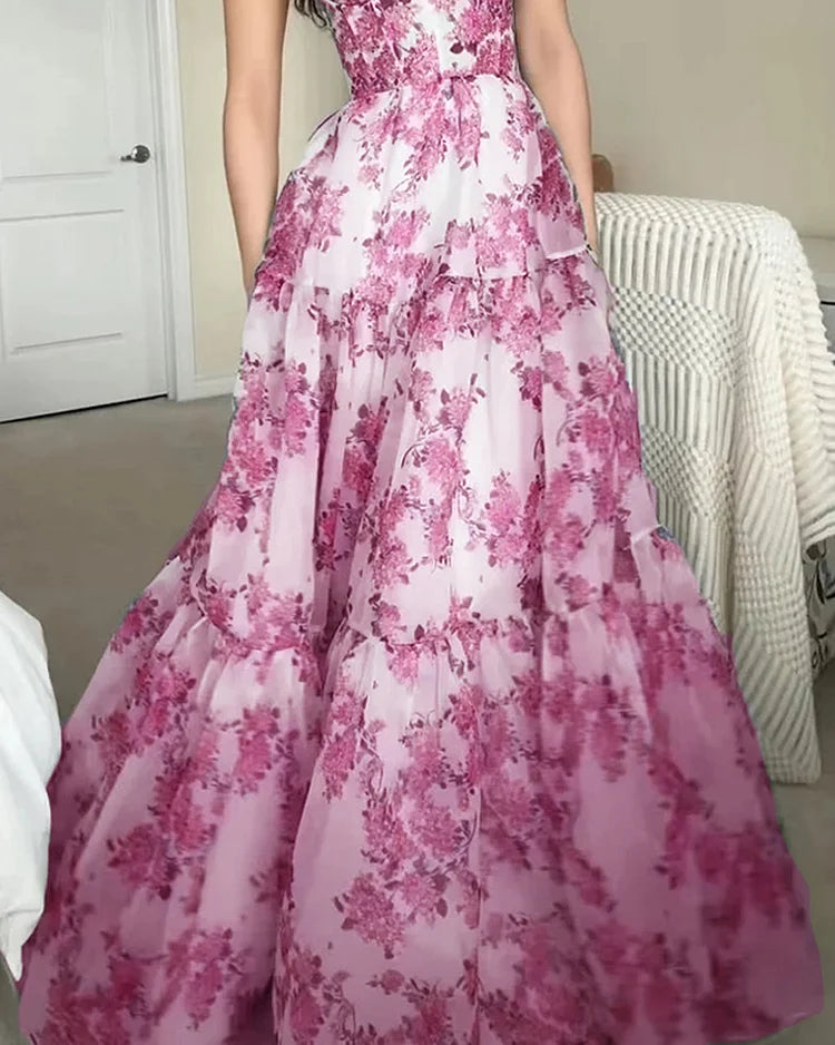 Prema enchanted sleeveless waist dress, pink floral print with tiered maxi skirt