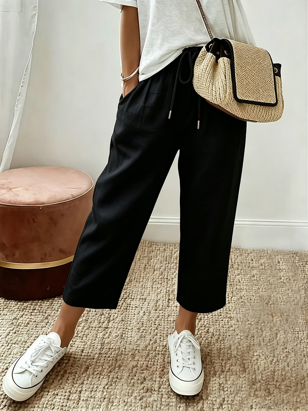 Cropped wide-leg trousers, black, drawstring waist and ankle-length hem