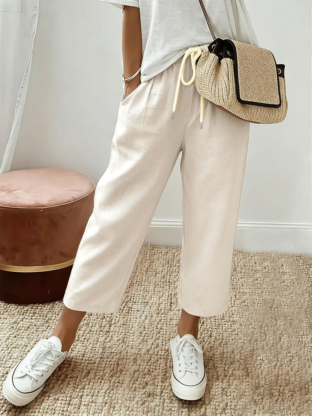 Cropped wide-leg trousers, off-white, drawstring waist and ankle-length hem