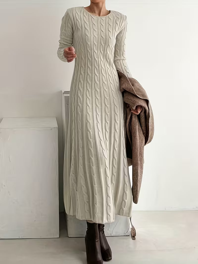 Venessa™ elegant maxi dress in apricot cable-knit, long sleeves, round neck