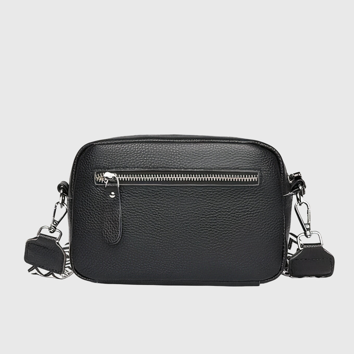 Black leather crossbody bag with front zipper and silver-tone hardware