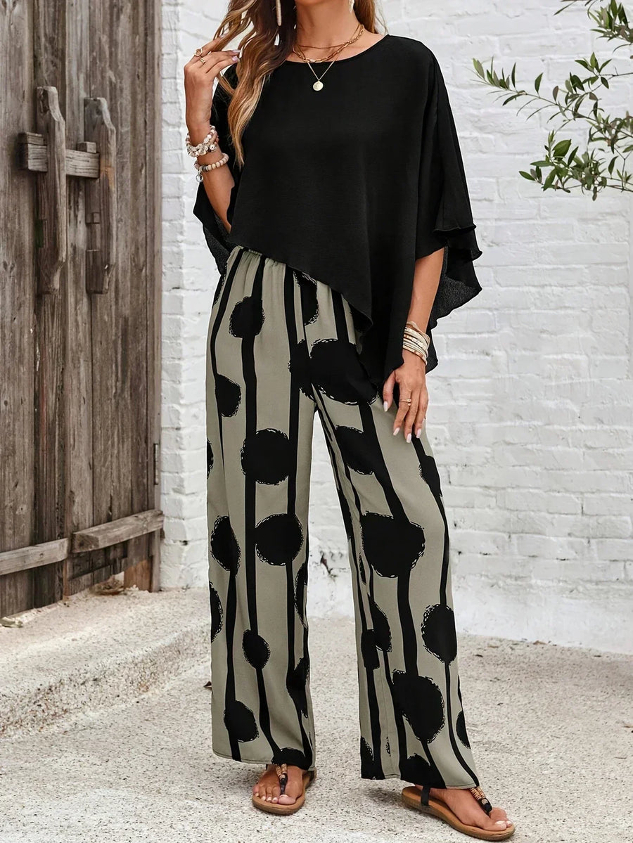 Black draped blouse and black/gray abstract wide-leg pants set, elastic waist