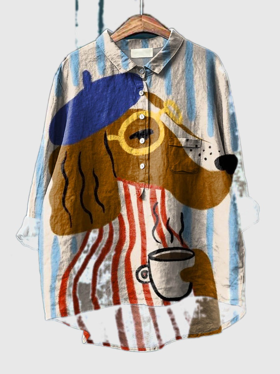 Multicolor button-up shirt with artistic dog and coffee cup print