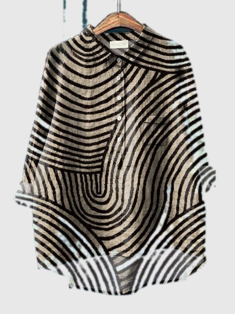 Abstract stripe button-up shirt in dark and light monochrome, long sleeves