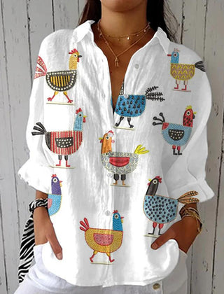 White cotton-linen blouse with colorful rooster and chicken embroidery, button-front