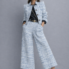 Light-blue tweed blazer and wide-leg pants set with three-quarter sleeves