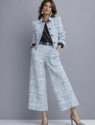 Light-blue tweed blazer and wide-leg pants set with three-quarter sleeves