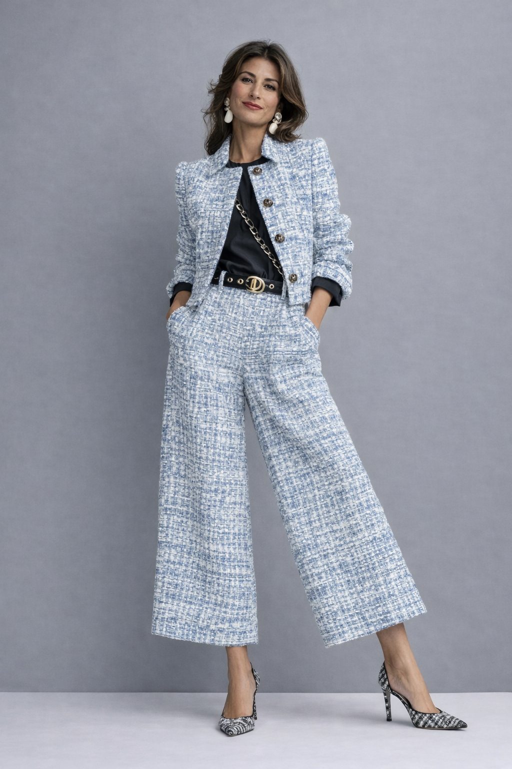 Light-blue tweed blazer and wide-leg pants set with three-quarter sleeves