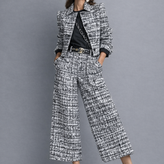 Black-and-white tweed blazer and wide-leg pants set, full-body front view