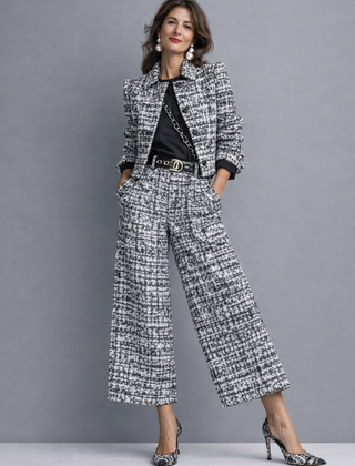 Black-and-white tweed blazer and wide-leg pants set, full-body front view