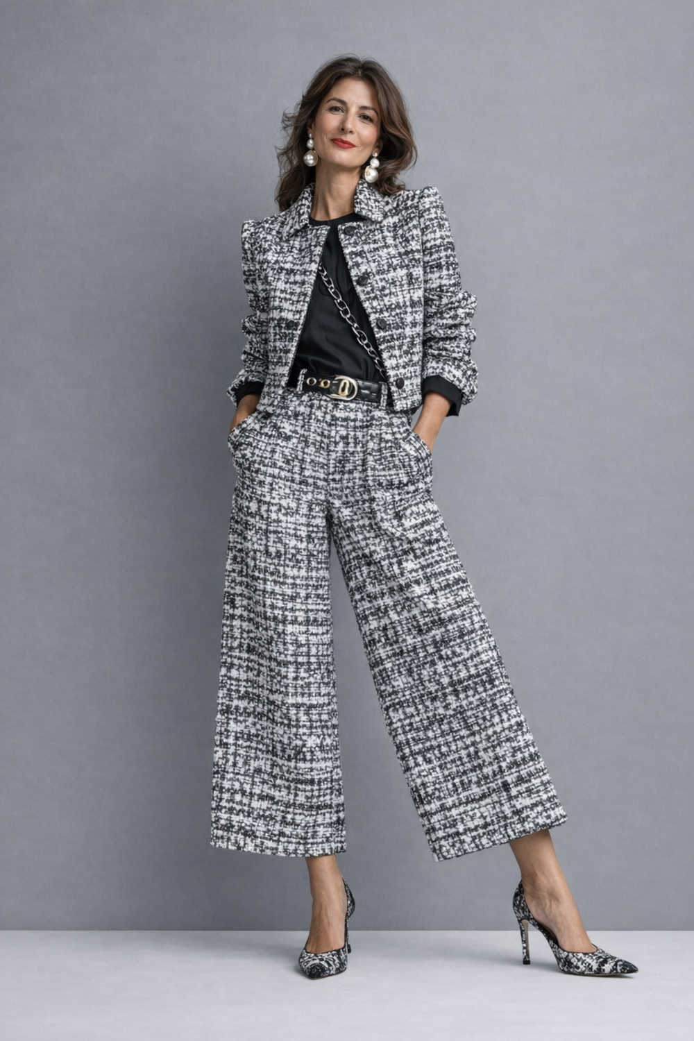 Black-and-white tweed blazer and wide-leg pants set, full-body front view