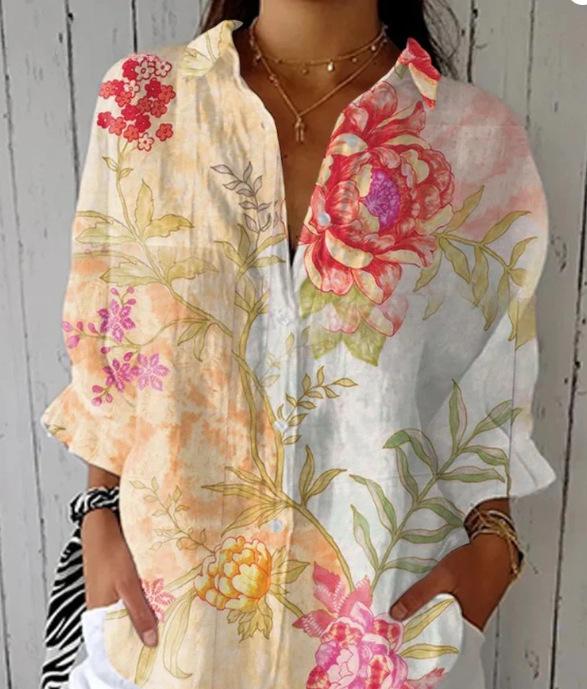Floral cotton-linen blouse with peony prints, button-front, multicolour long sleeves