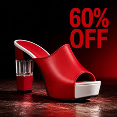 Red peep-toe mules with clear block heel and white platform, front view