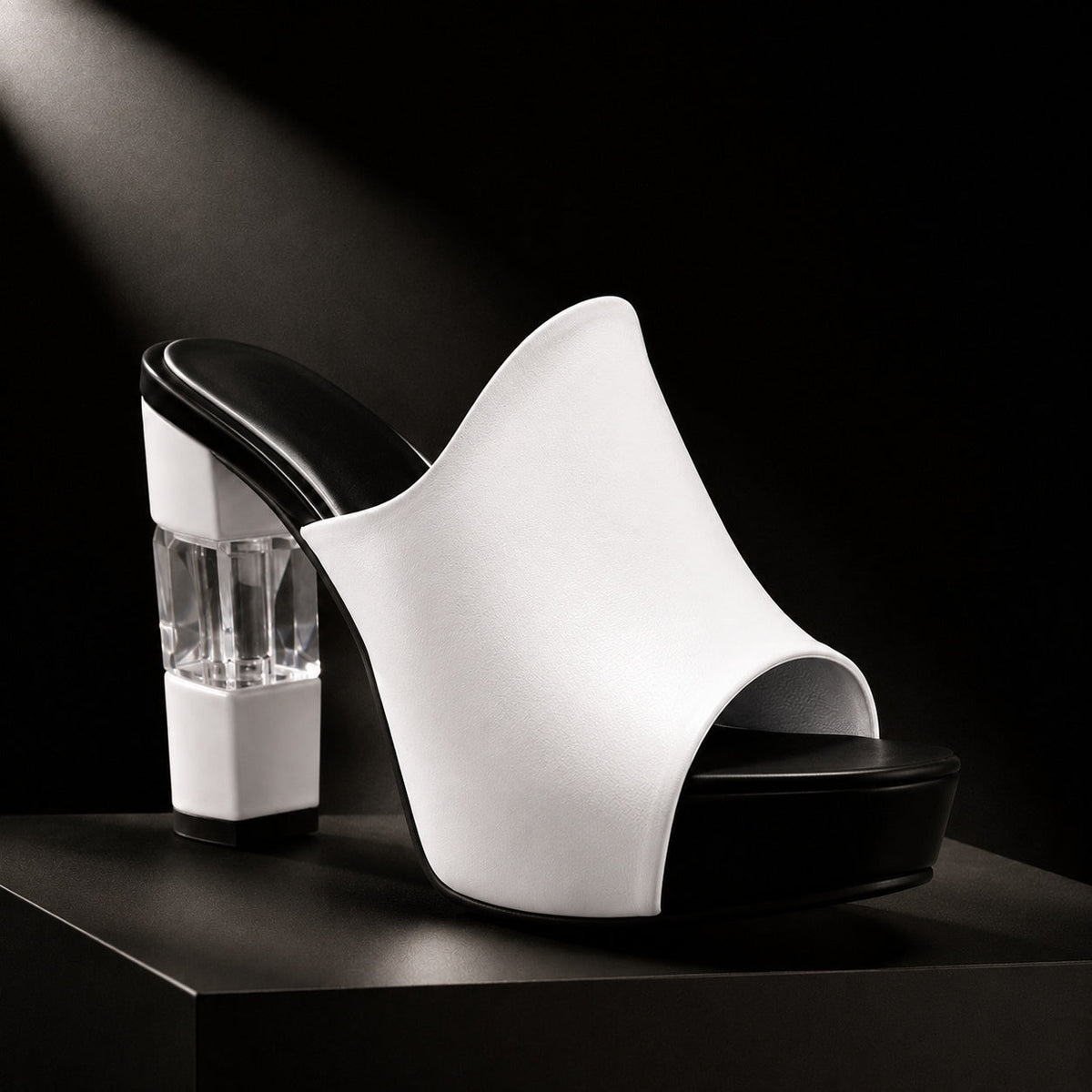 White peep-toe mules with clear block heel and black platform base