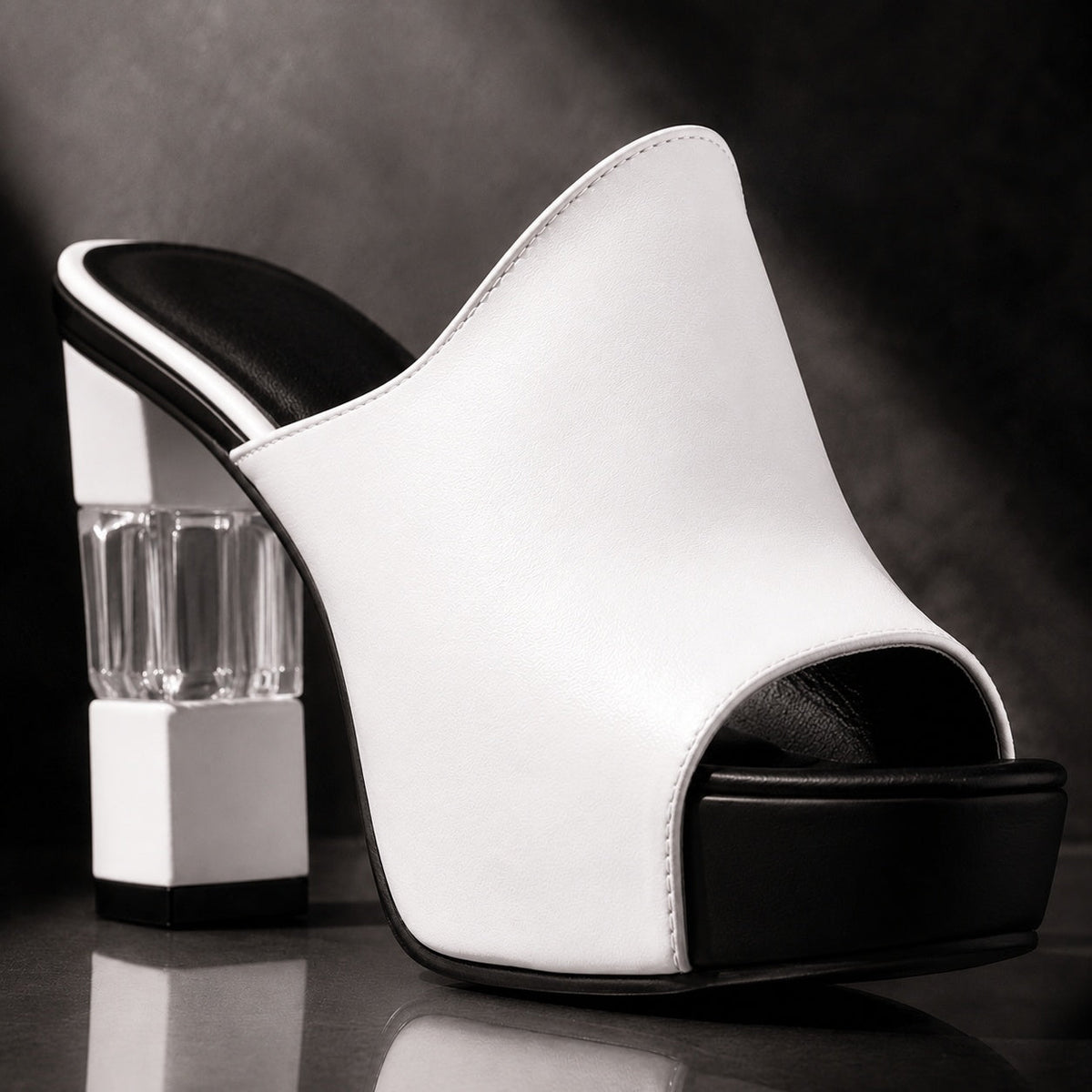 White peep-toe mules with clear block heel and black platform, open toe