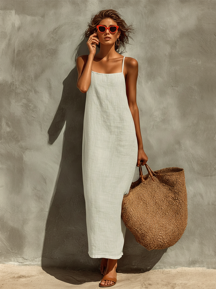 Elegant dress: white sleeveless midi with spaghetti straps and square neckline
