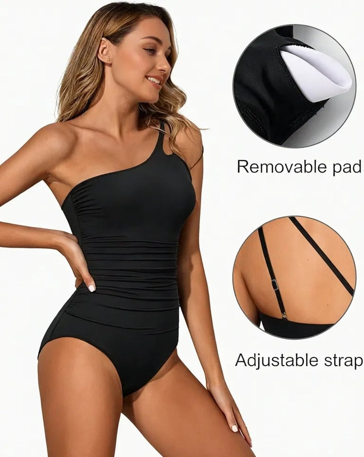 Black one-shoulder swimsuit with removable padding and adjustable straps