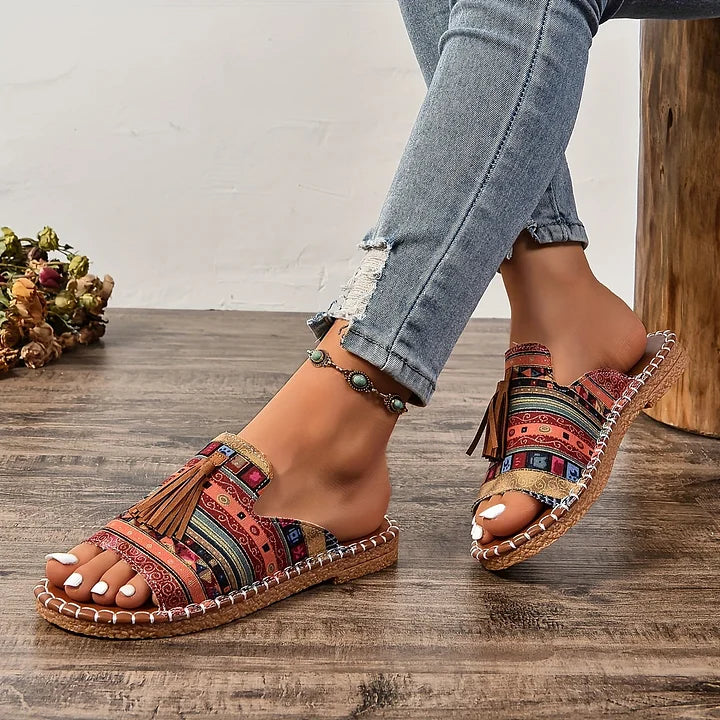 Casual orthopedic sandals in red, multicolor woven pattern with fringe tassel