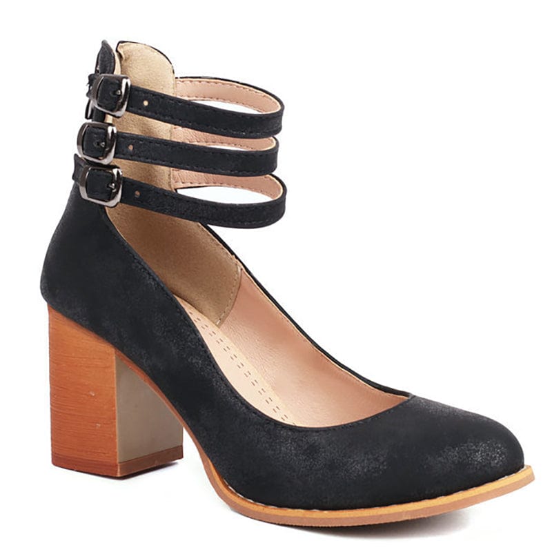 Kallie black ankle heels with two buckled straps and square block heel