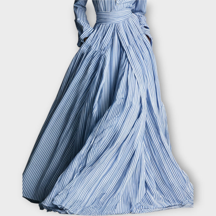 Striped maxi dress skirt with gathered tiers and pleated drape