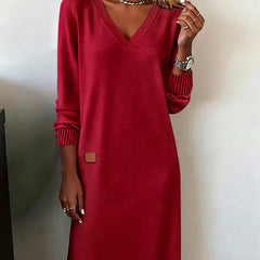 Cozy knit dress, red, V-neck long sleeves with ribbed cuffs