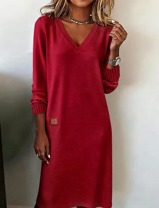 Cozy knit dress, red, V-neck long sleeves with ribbed cuffs