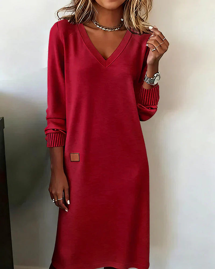 Cozy knit dress, red, V-neck long sleeves with ribbed cuffs