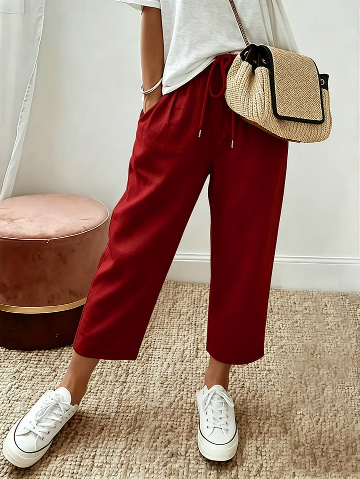 Cropped wide-leg trousers, deep red, drawstring waist and ankle-length hem