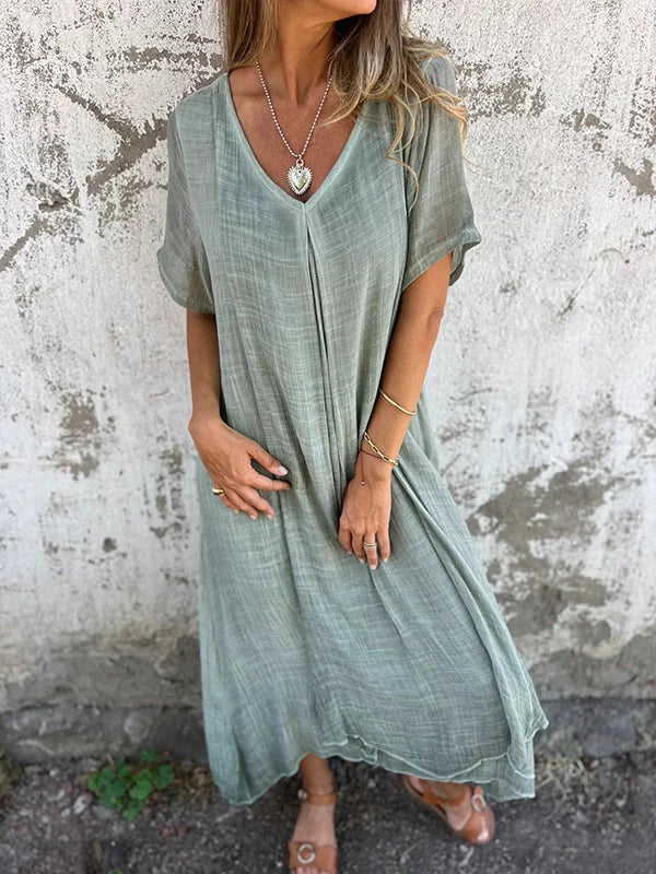 Sage green breathable V-neck dress with short sleeves, flowy gathered hem