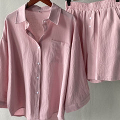 Pink button-front shirt and elastic-waist shorts set