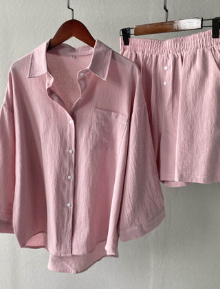 Pink button-front shirt and elastic-waist shorts set