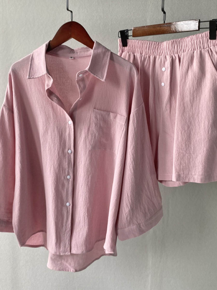 Pink button-front shirt and elastic-waist shorts set