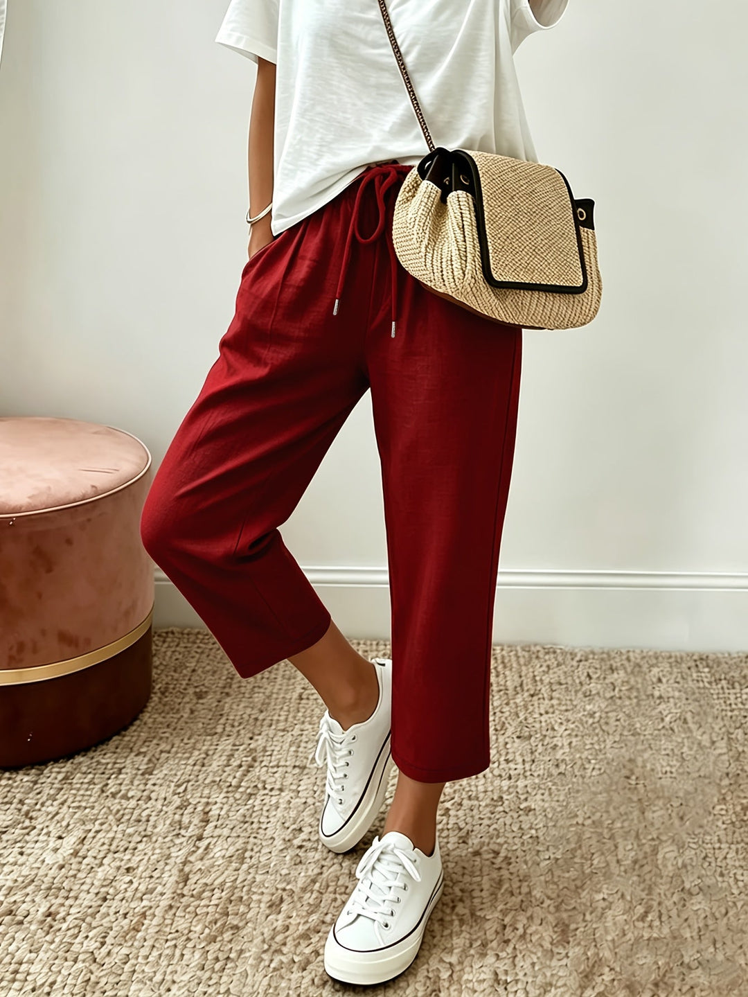 Cropped wide-leg trousers, dark red, drawstring waist with relaxed cropped leg