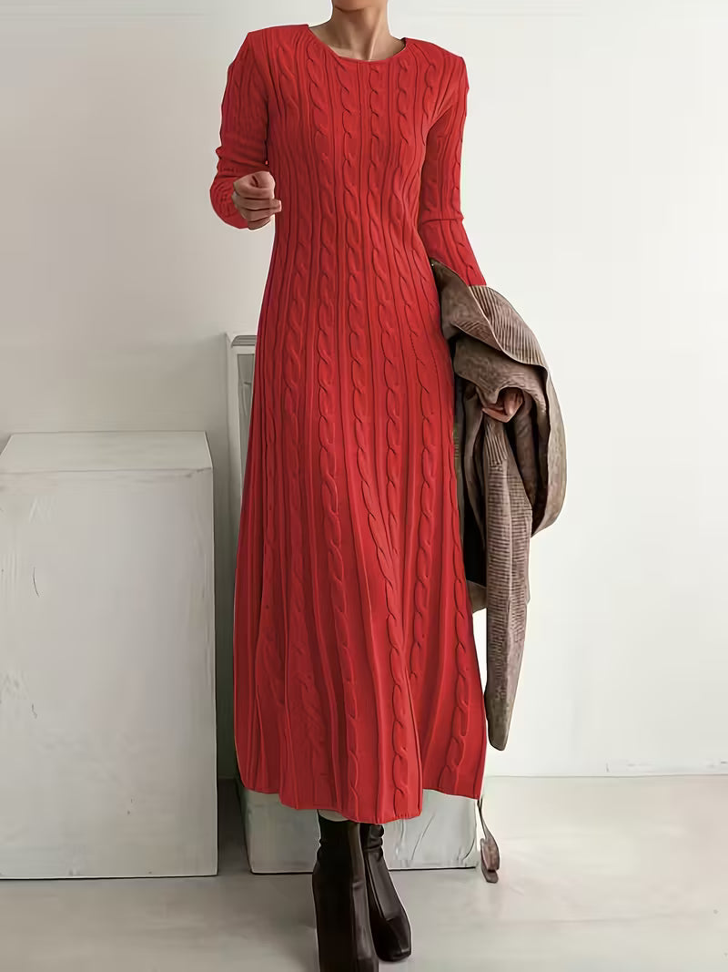 Venessa™ elegant maxi dress in red cable-knit, long sleeves, round neck