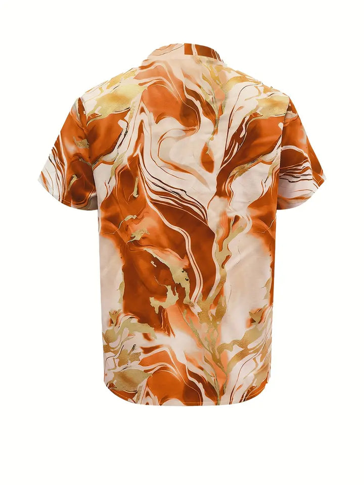 Marble print short sleeve shirt, orange and cream back view