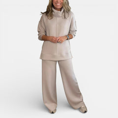 Beige hooded two-piece lounge set: zip-front top and wide-leg pants