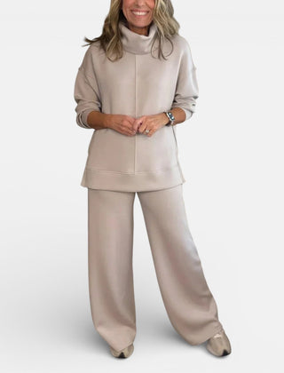 Beige hooded two-piece lounge set: zip-front top and wide-leg pants