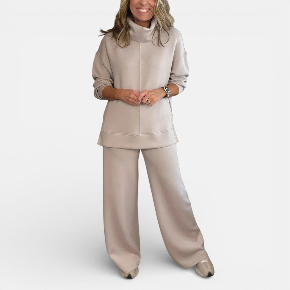 Beige hooded two-piece lounge set: zip-front top and wide-leg pants