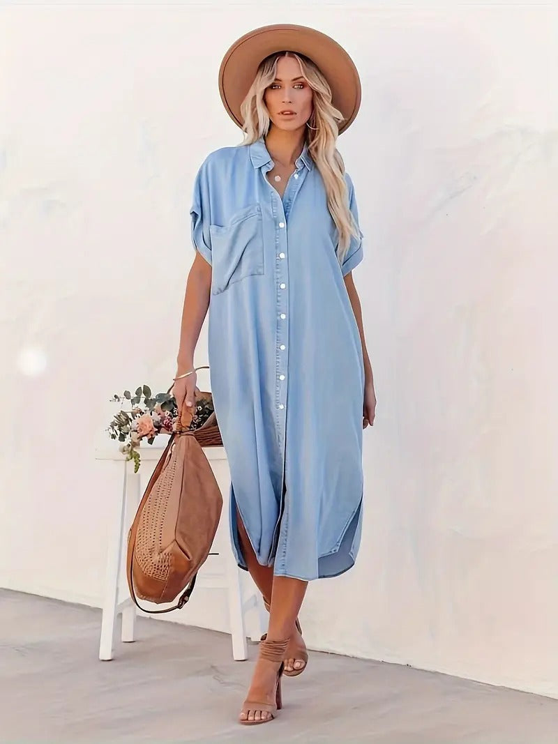 Blue shirt dress, short sleeves, button-front with two chest pockets