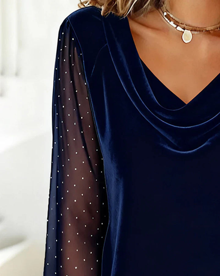 Avery™ elegant blouse with draped cowl V-neck; dark blue sheer dotted sleeves
