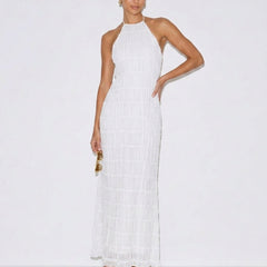 White halter tiered midi dress with high neckline and layered ruffle tiers