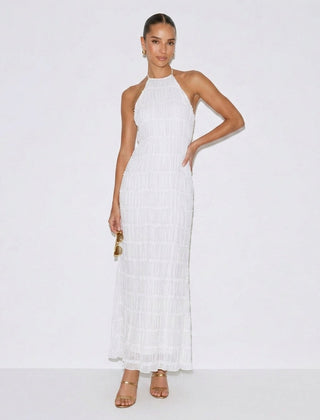 White halter tiered midi dress with high neckline and layered ruffle tiers