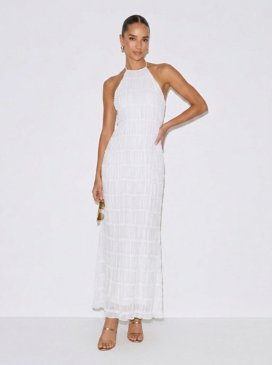 White halter tiered midi dress with high neckline and layered ruffle tiers