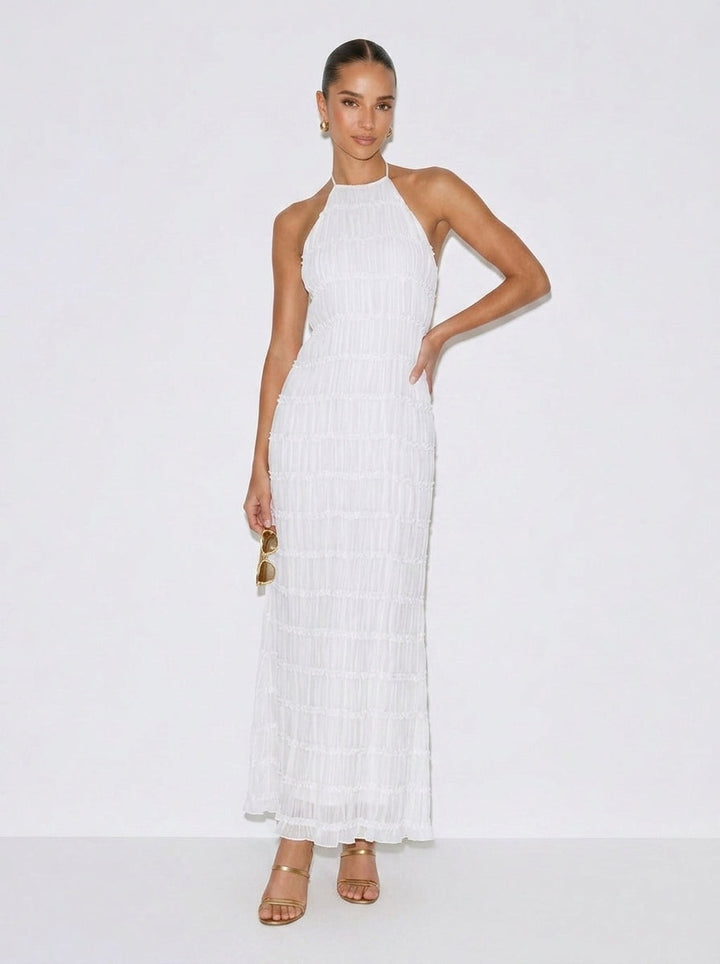 White halter tiered midi dress with high neckline and layered ruffle tiers