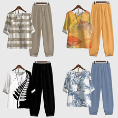 Two-piece set variety: beige, orange, black, and light-blue tops with matching pants