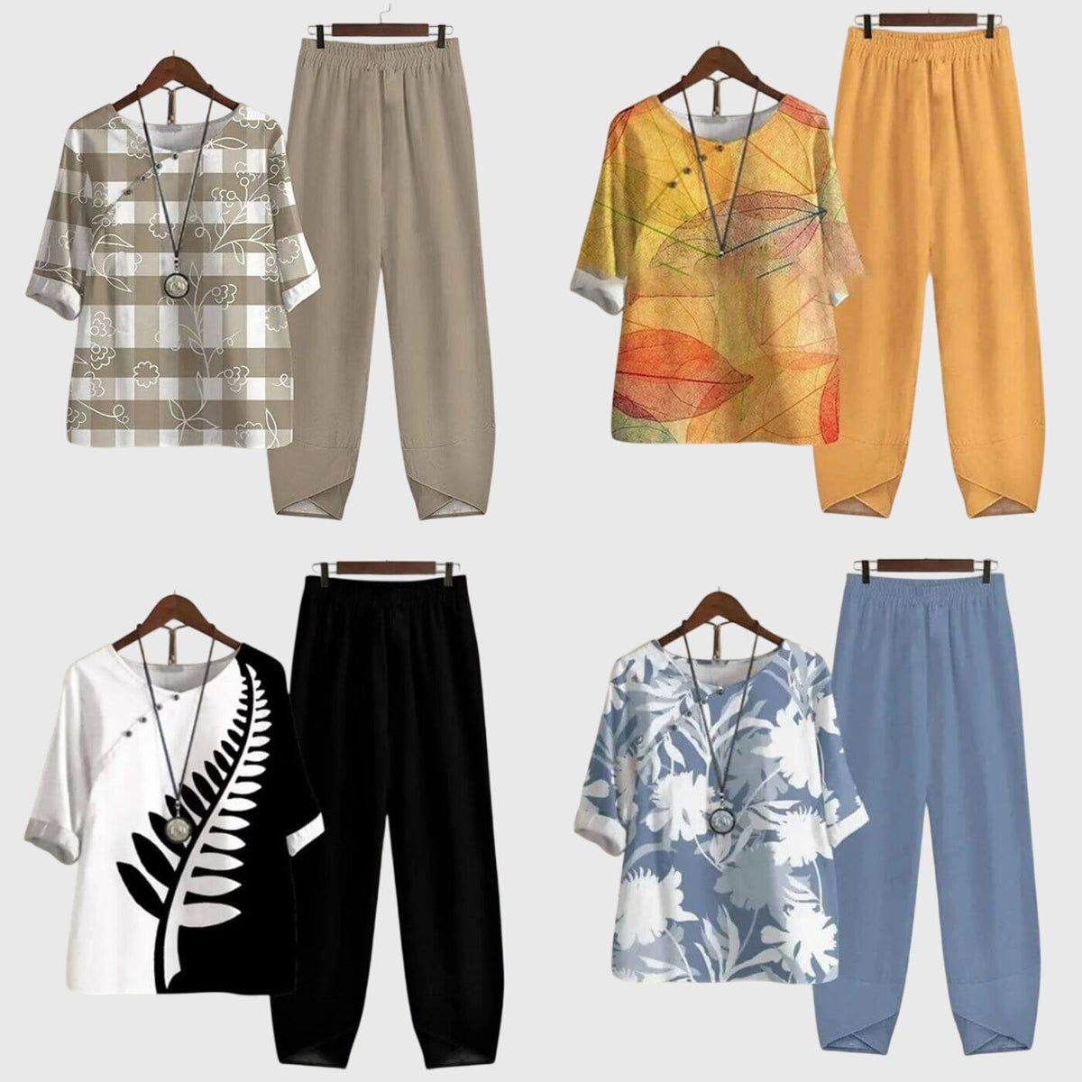 Two-piece set variety: beige, orange, black, and light-blue tops with matching pants