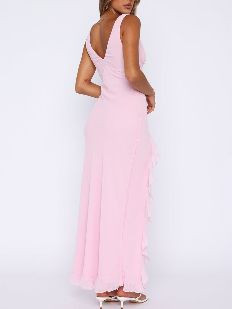 Verity pink sleeveless maxi dress with open-back V neckline and ruffled hem